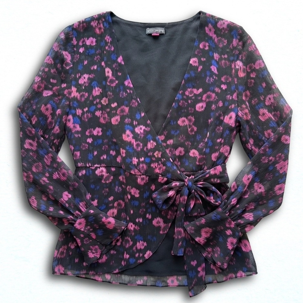 Vince Camuto Womens Pink Blue Floral Faux Wrap Tie Waist Blouse Top Small